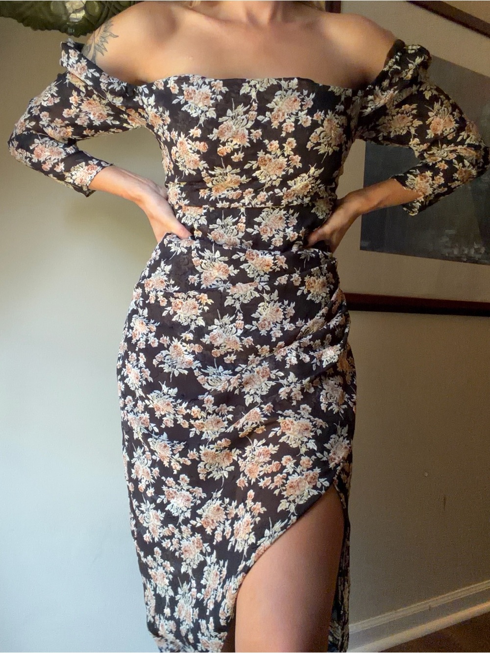 LUSH Floral Off-Shoulder Midi Dress in Black with Peach Blooms